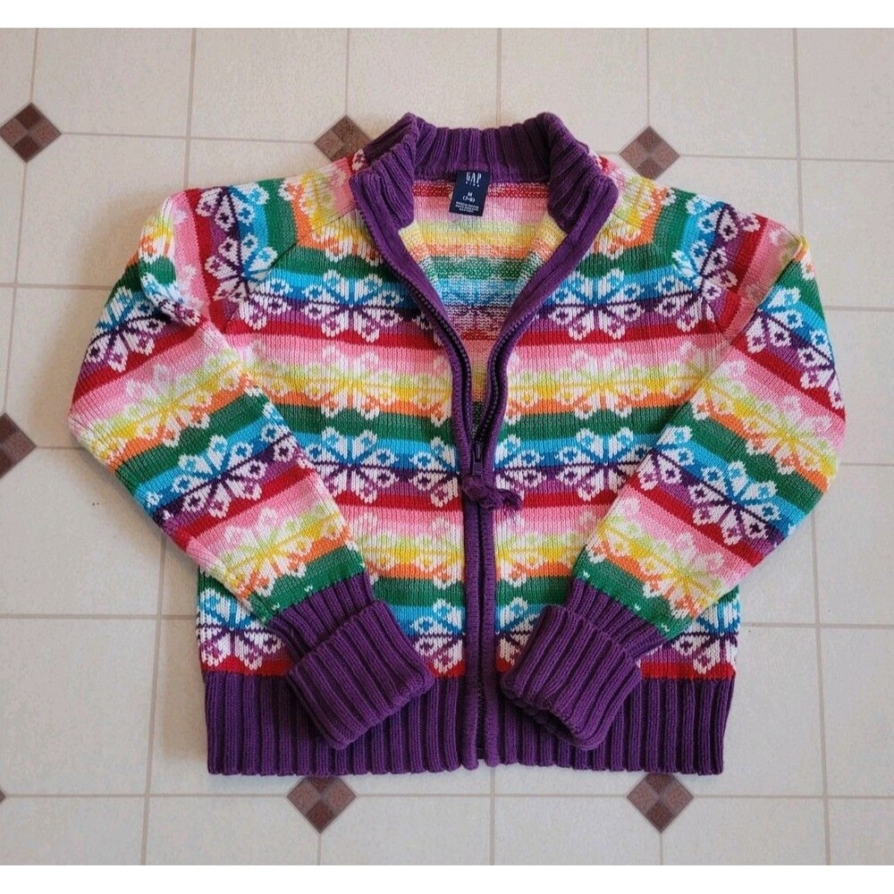Gap Kids Girls M 7-8 Sweater Vintage Fair Isle  100% Cotton Rainbow Snowflakes